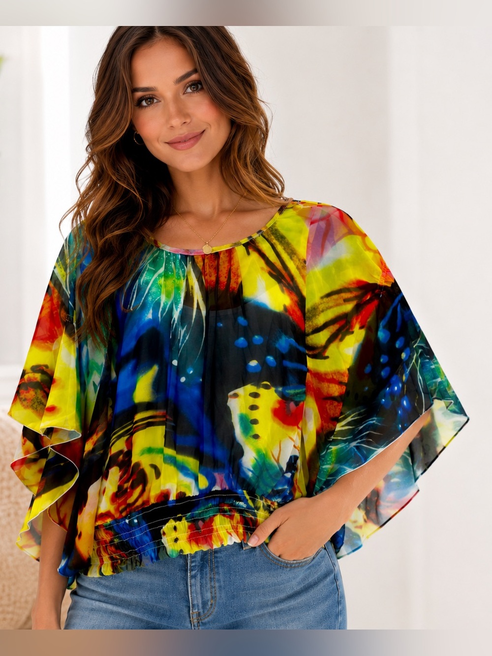 Madison Michelle Abstract Art Print Sheer Blouse Butterfly Sleeve Boho Boutique